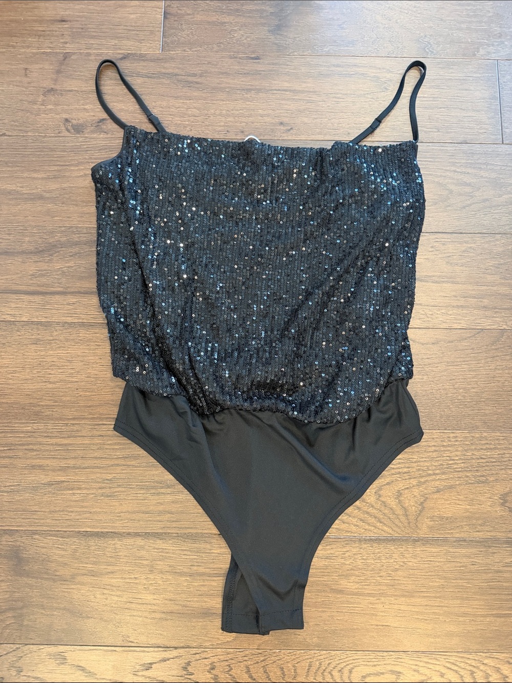 She + Sky Black Sequin Spaghetti-Strap One-Piece Bodysuit Large NWT - C52-044